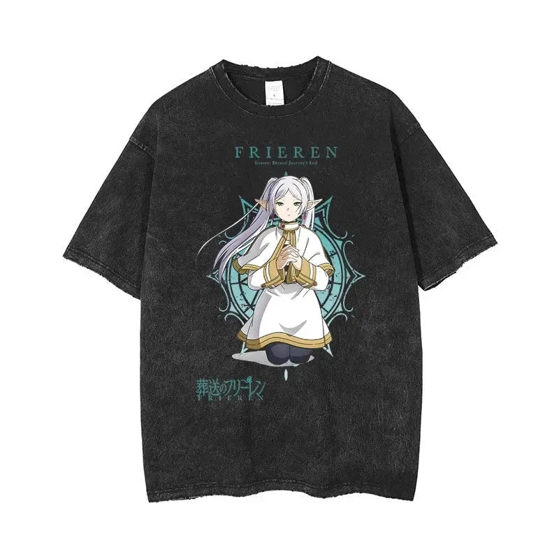 Frieren: Beyond Journey's End Peripheral Products Old Washed T-shirt Men's and Women's Pure Cotton Short-sleeved Casual Clothing