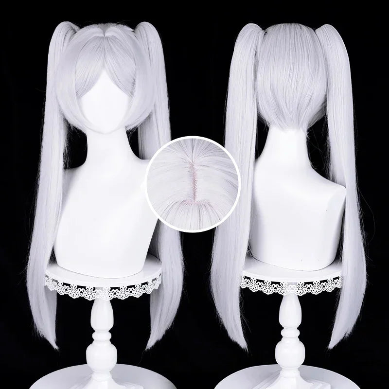 Anime Frieren Cosplay Wig Silver White Two Ponytails Heat Resistant Synthetic Hair Wigs