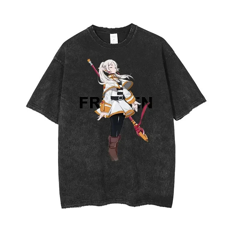Frieren: Beyond Journey's End Peripheral Products Old Washed T-shirt Men's and Women's Pure Cotton Short-sleeved Casual Clothing