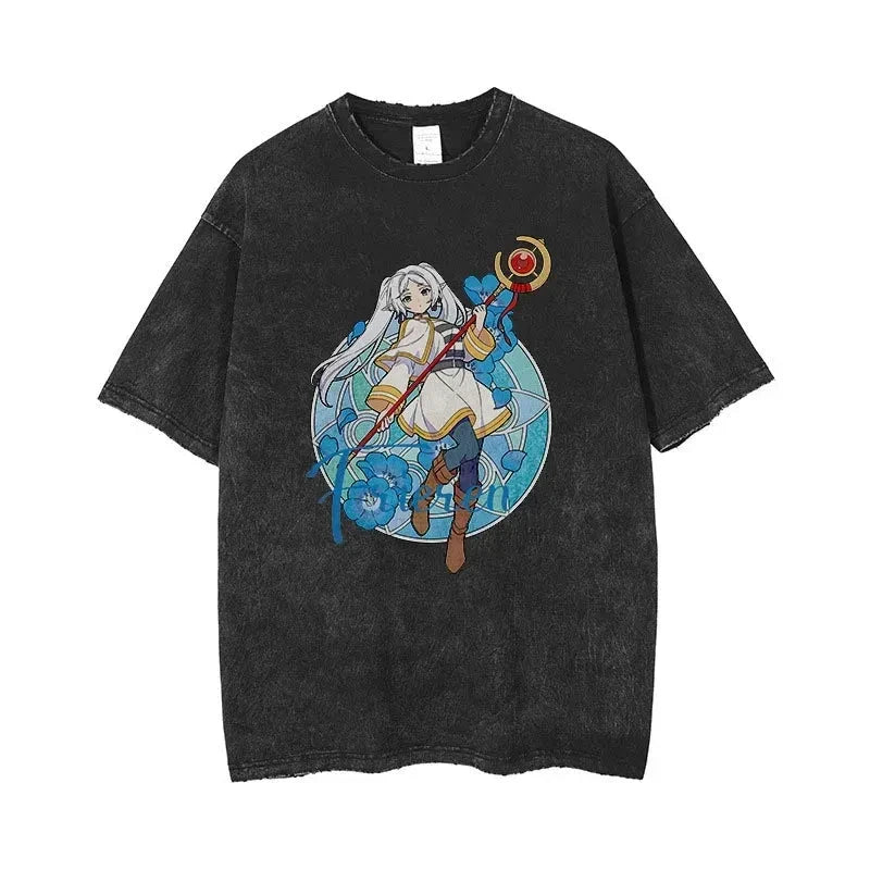 Frieren: Beyond Journey's End Peripheral Products Old Washed T-shirt Men's and Women's Pure Cotton Short-sleeved Casual Clothing