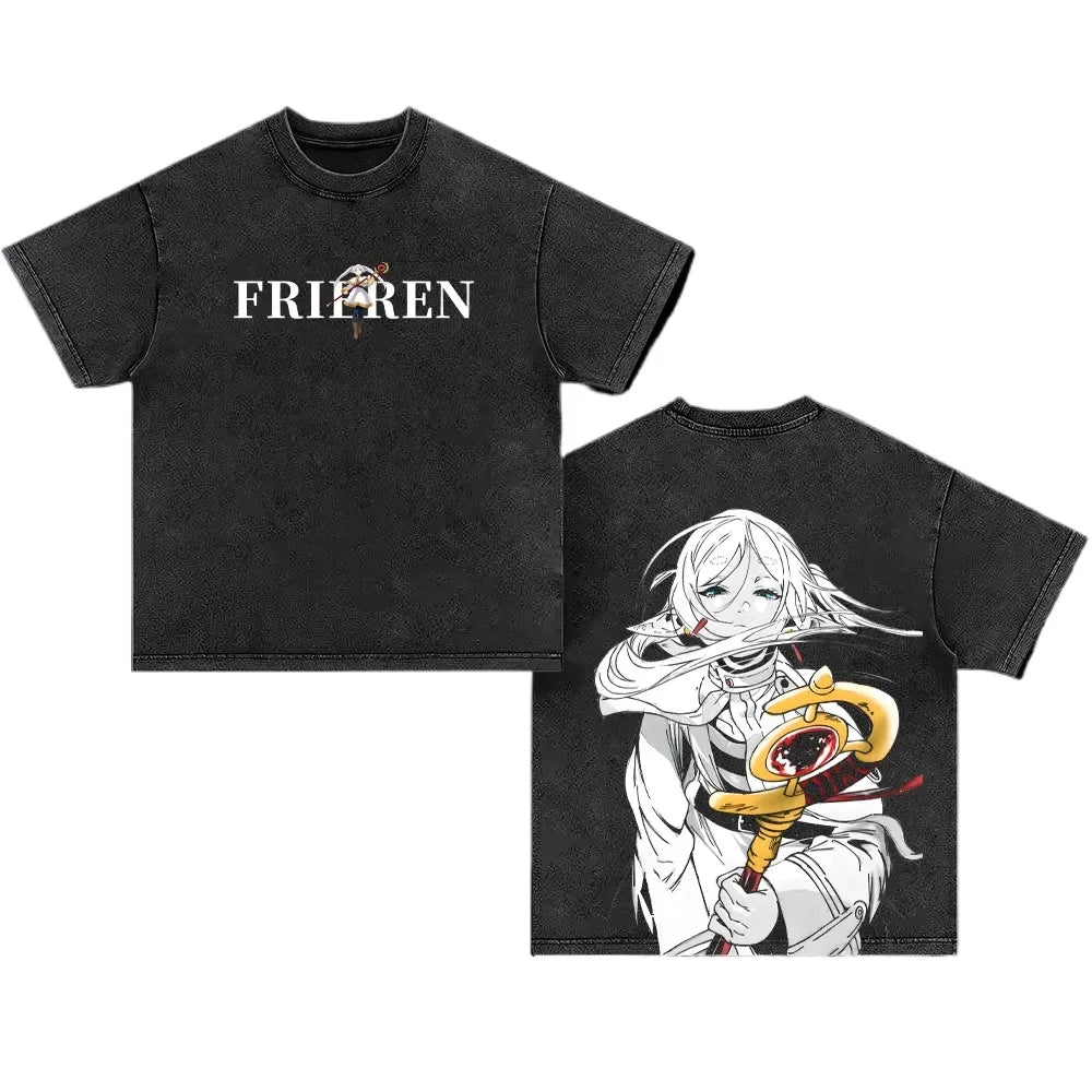Frieren: Beyond Journey's End Peripheral Products Old Washed T-shirt Men's and Women's Pure Cotton Short-sleeved Casual Clothing