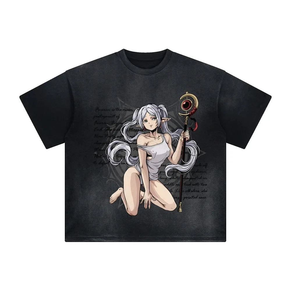 Frieren: Beyond Journey's End Peripheral Products Old Washed T-shirt Men's and Women's Pure Cotton Short-sleeved Casual Clothing