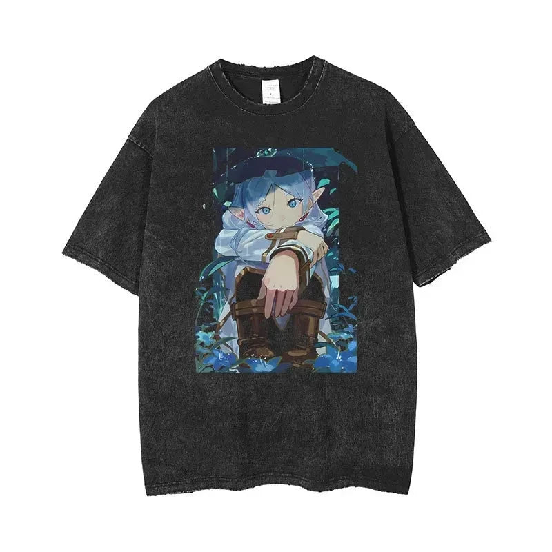 Frieren: Beyond Journey's End Peripheral Products Old Washed T-shirt Men's and Women's Pure Cotton Short-sleeved Casual Clothing