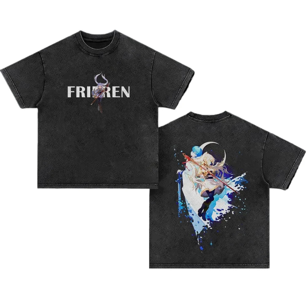 Frieren: Beyond Journey's End Peripheral Products Old Washed T-shirt Men's and Women's Pure Cotton Short-sleeved Casual Clothing