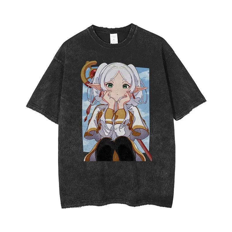 Frieren: Beyond Journey's End Peripheral Products Old Washed T-shirt Men's and Women's Pure Cotton Short-sleeved Casual Clothing