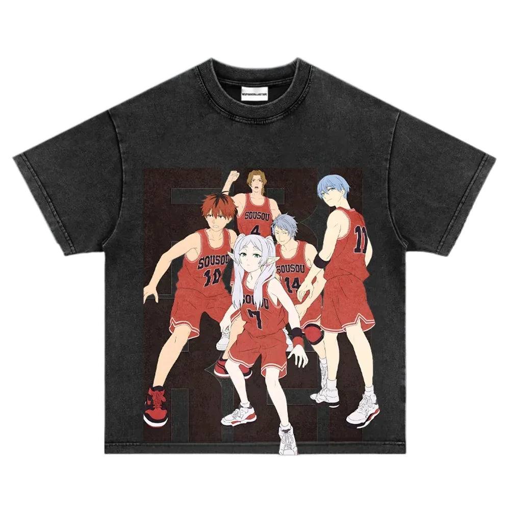 Frieren: Beyond Journey's End Peripheral Products Old Washed T-shirt Men's and Women's Pure Cotton Short-sleeved Casual Clothing