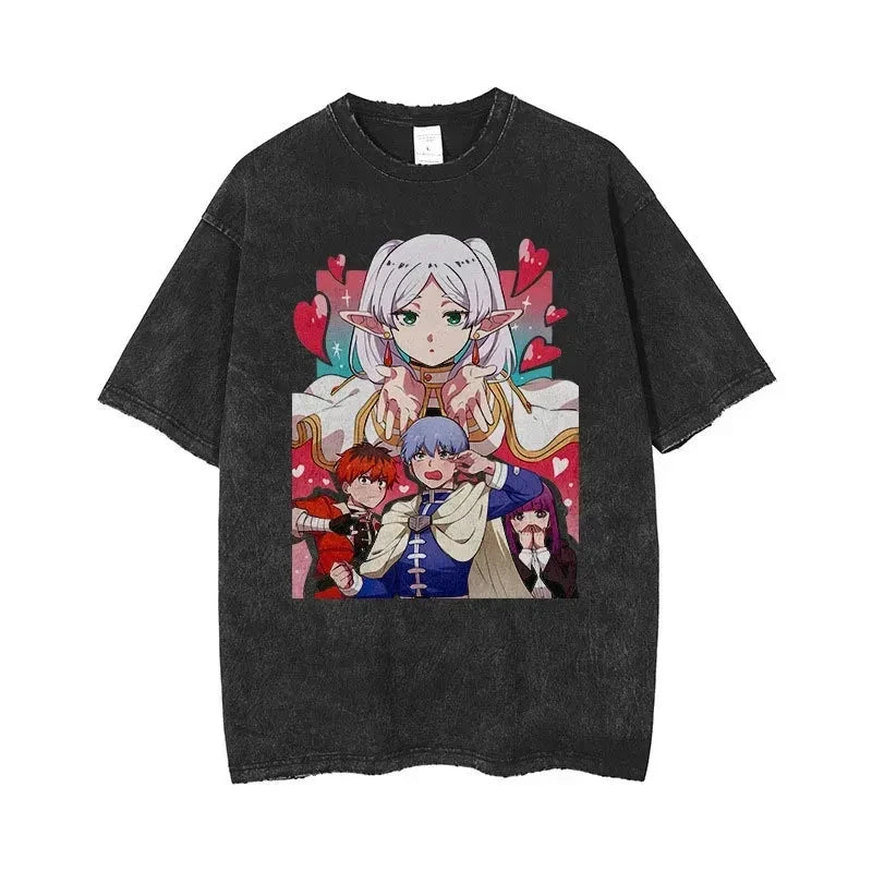 Frieren: Beyond Journey's End Peripheral Products Old Washed T-shirt Men's and Women's Pure Cotton Short-sleeved Casual Clothing